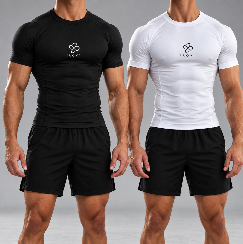 Deux maillots de compression CLOVR, un noir et un blanc