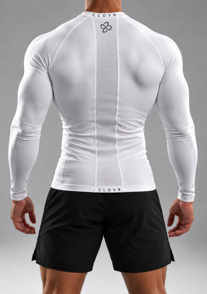 Dos du maillot de compression CLOVR blanc manches longues, avec panneau mesh central